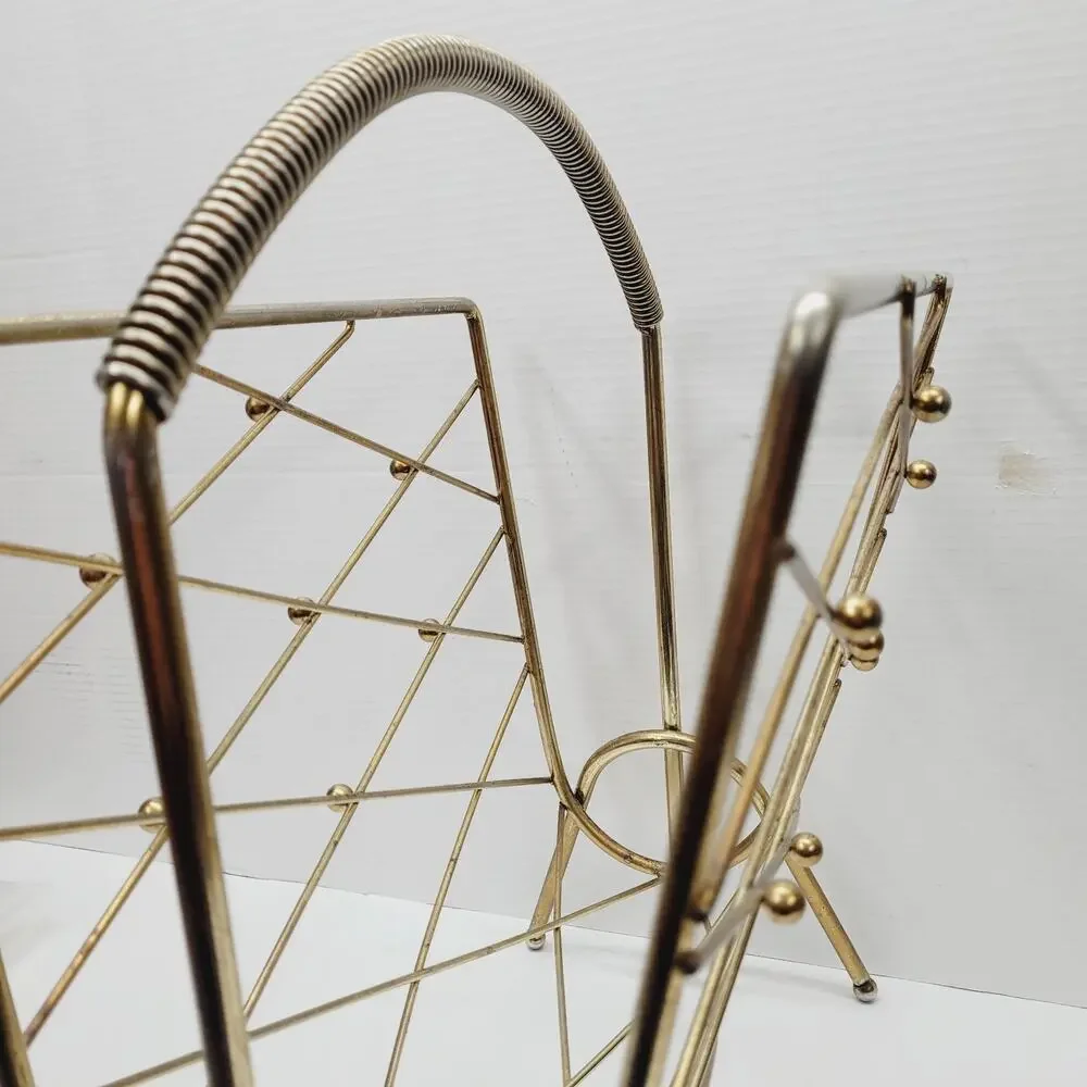 Vtg MCM ATOMIC Diamond Magazine Rack Holder Gold Brass Plate Wire Wrapped Handle